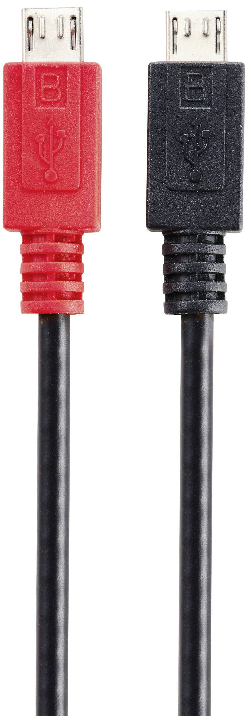Two USB cables: one red, one black, with recognisable USB symbols on the plugs. They stand vertically side by side.