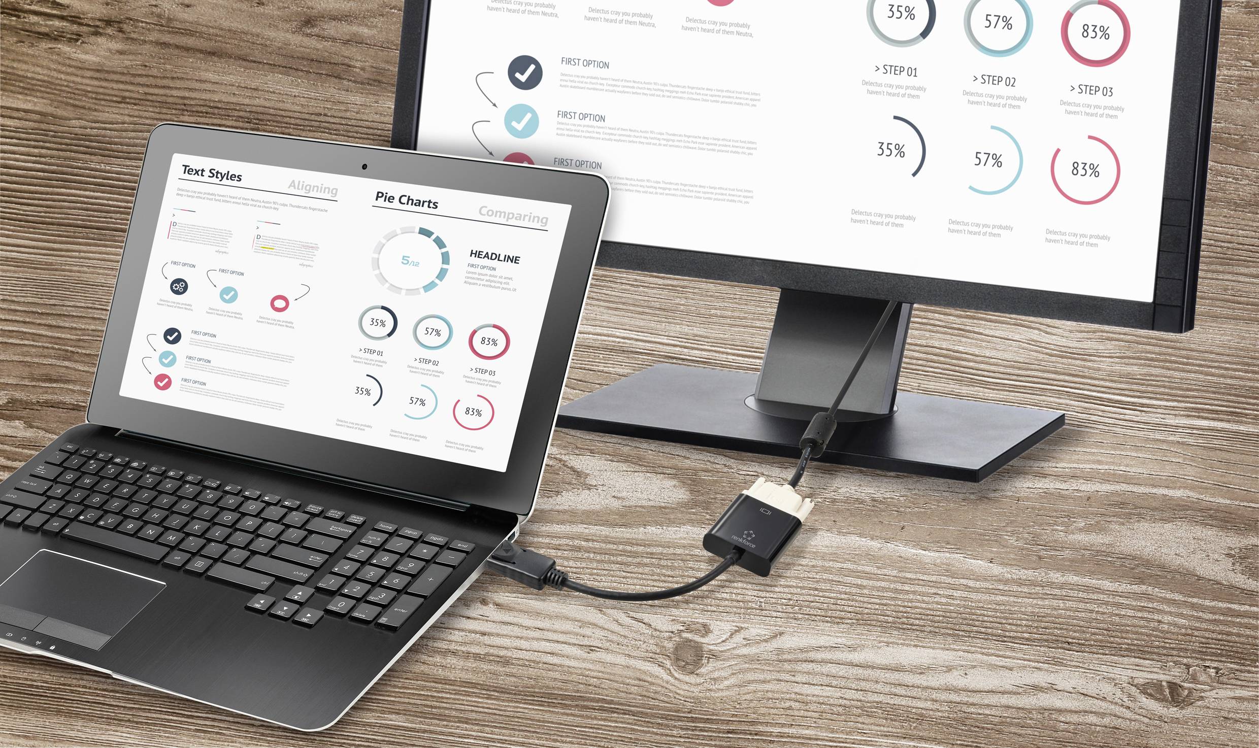 'A laptop and a monitor, connected by a cable. Both screens display diagrams and statistical data.'