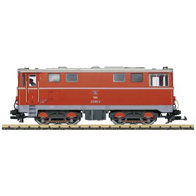 Red model of a narrow-gauge locomotive on rails, side view. Locomotive shows finer details and window design.