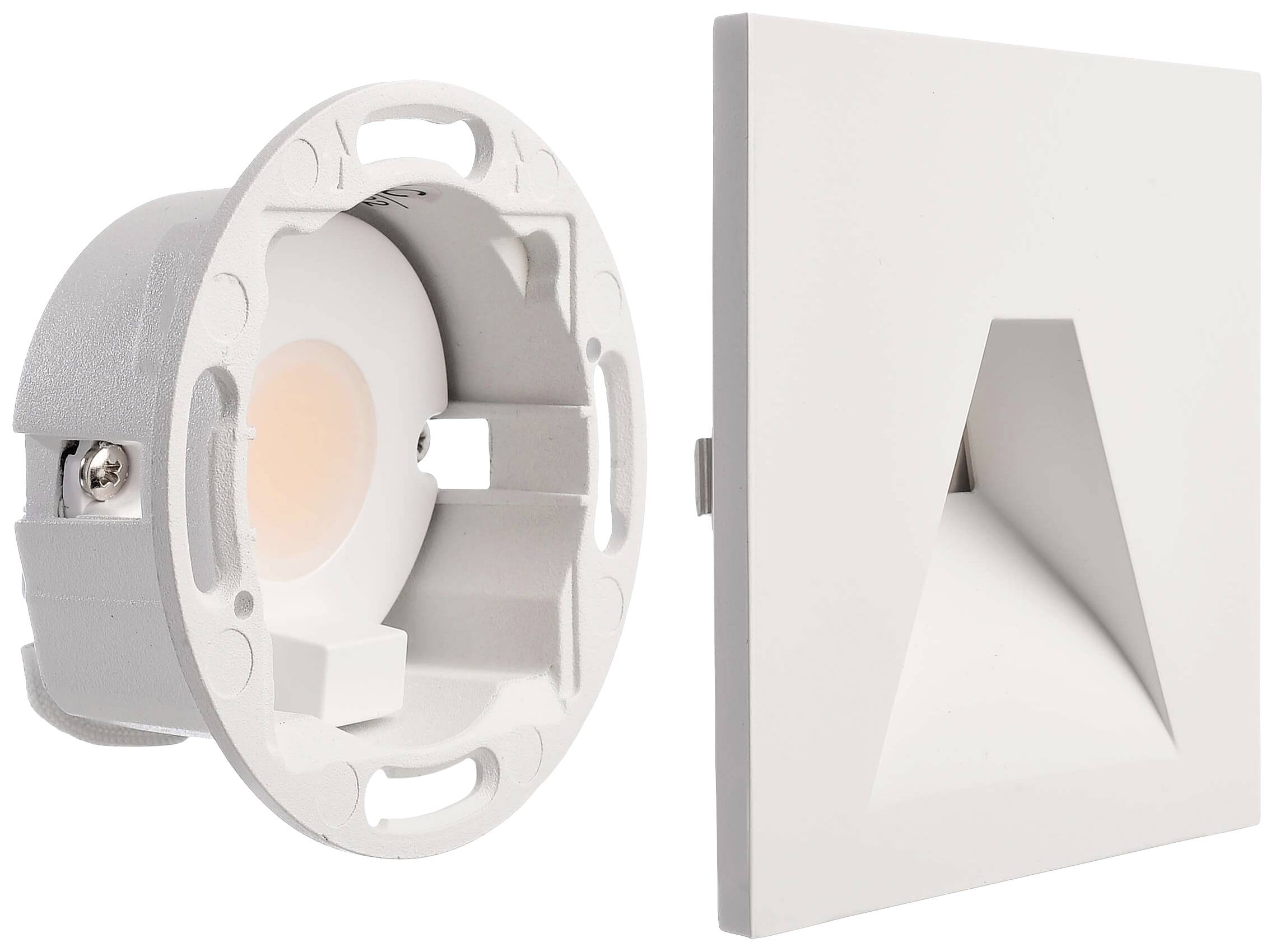 Recessed LED light with a square white cover and a triangular opening. Suitable for indoor wall mounting.