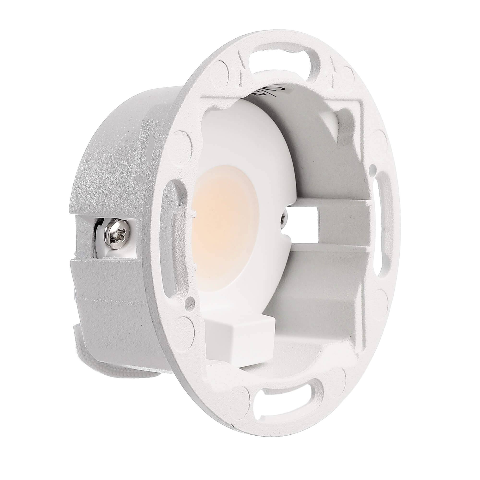 White round recessed light fitting with mounting bracket and side screws, suitable for wall or ceiling installation.