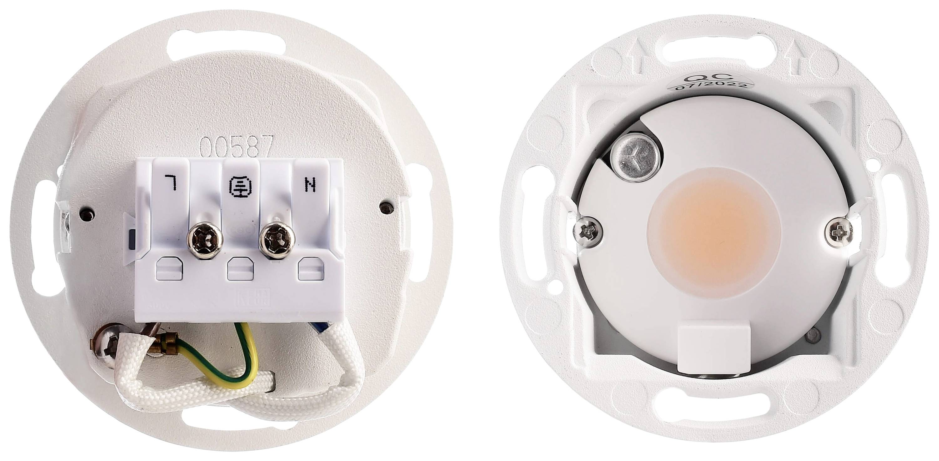 Two views of an electronic device: on the left, the terminal connections with wires, on the right a circular surface, possibly a sensor.