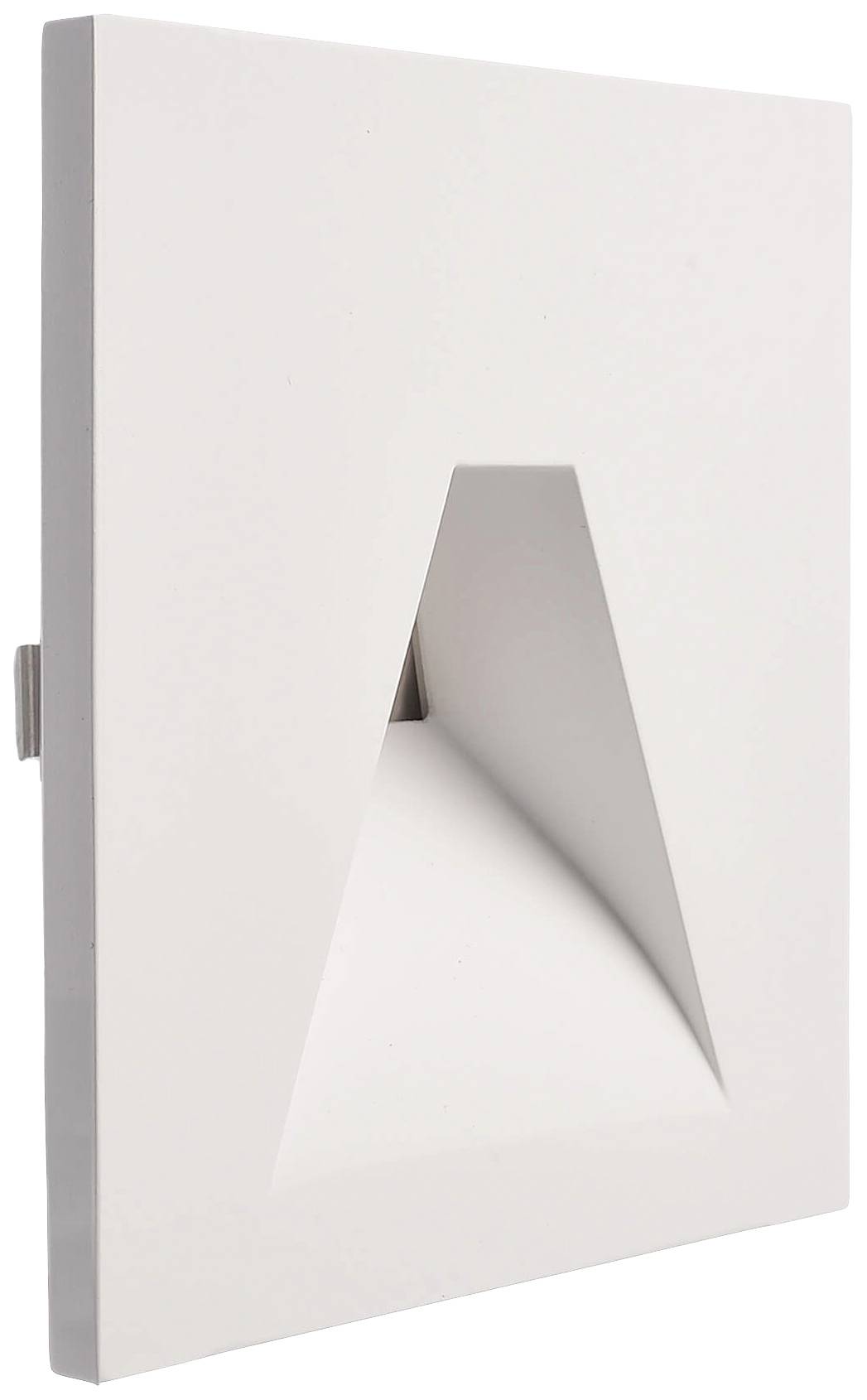White, square wall light with a triangular cut-out in the centre, through which light falls. Minimalist design.