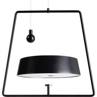 A black, contemporary pendant light with an angled lampshade and spherical counterweight. Suspended from two fine wires.