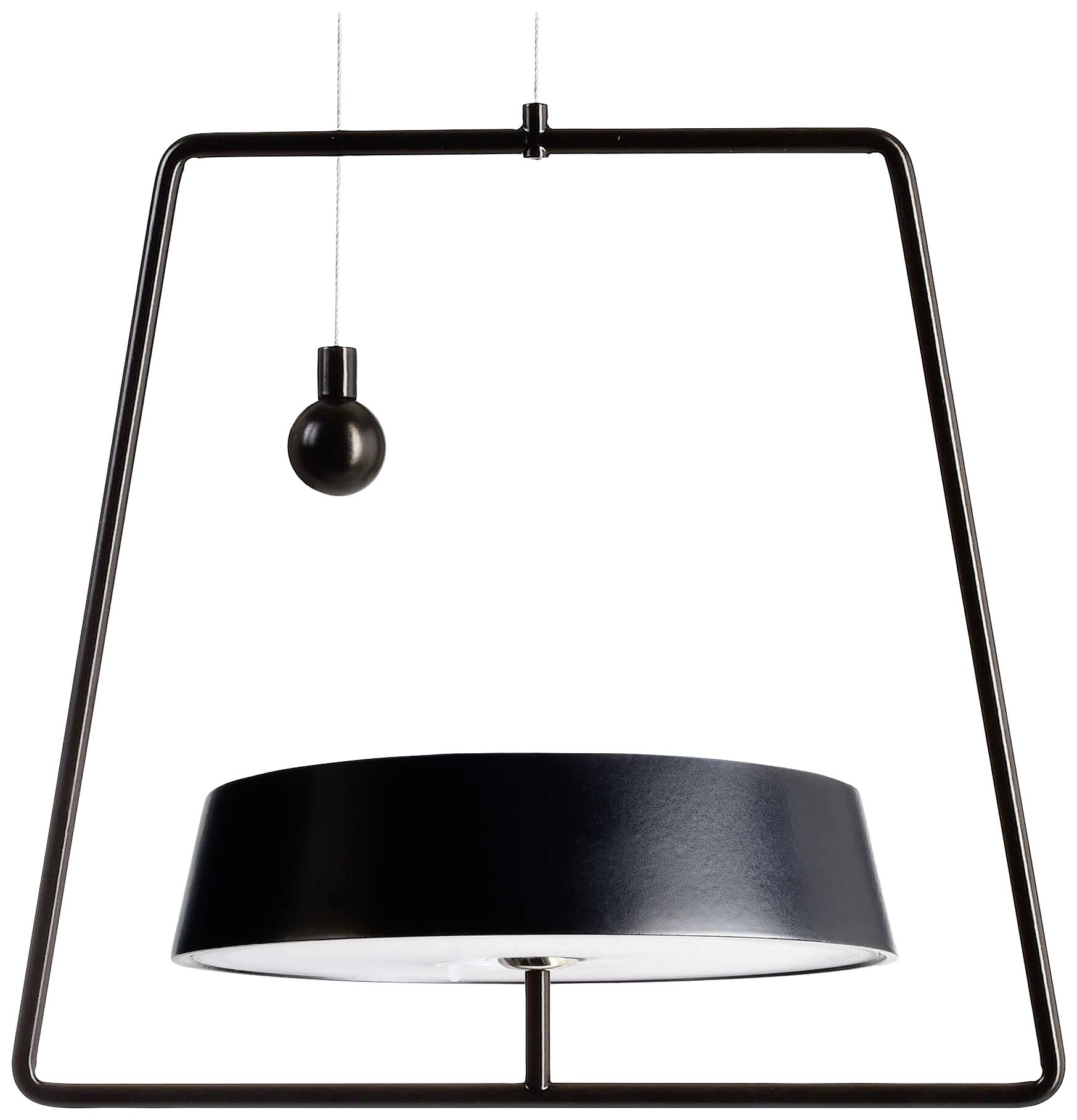 A modern, suspended table lamp with a black frame and round lampshade. At the top, a small round pull switch is suspended.