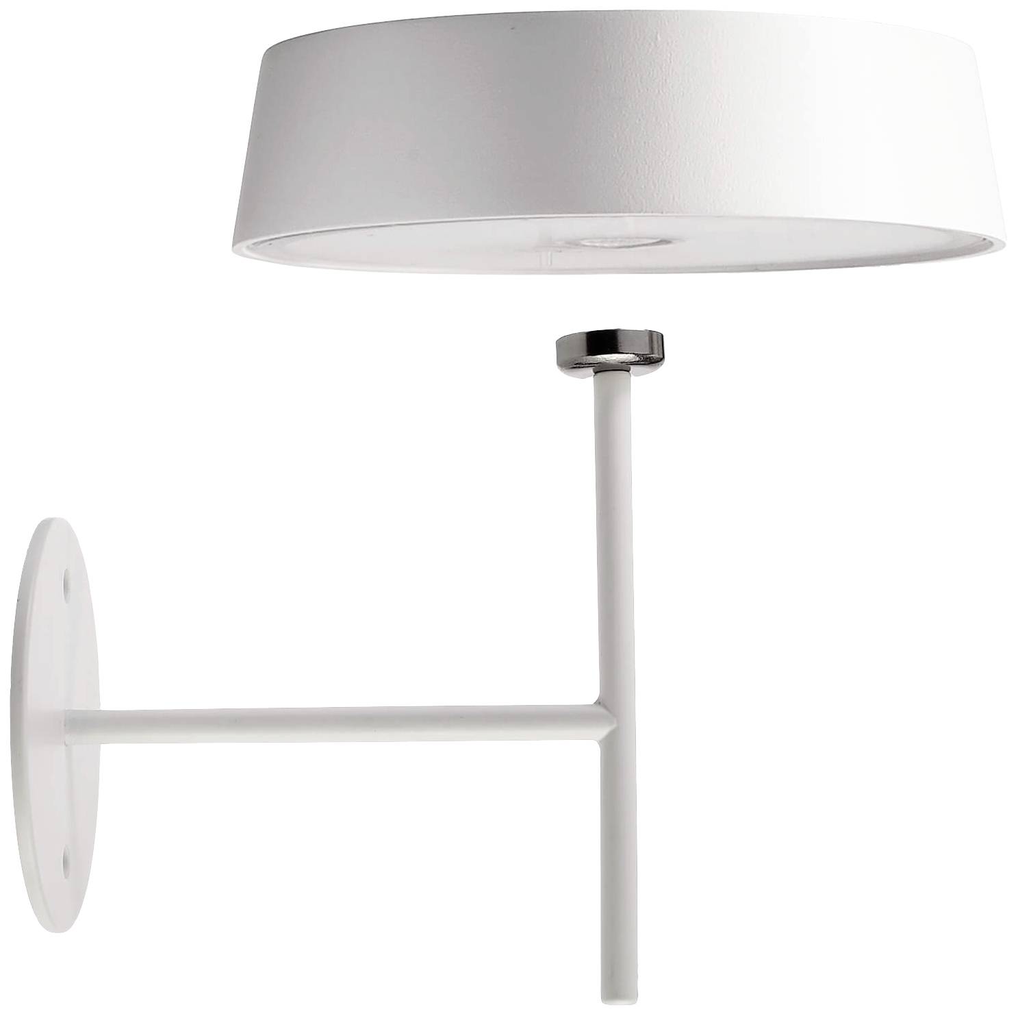 A contemporary white wall light with a cylindrical lampshade and slender wall mounting.