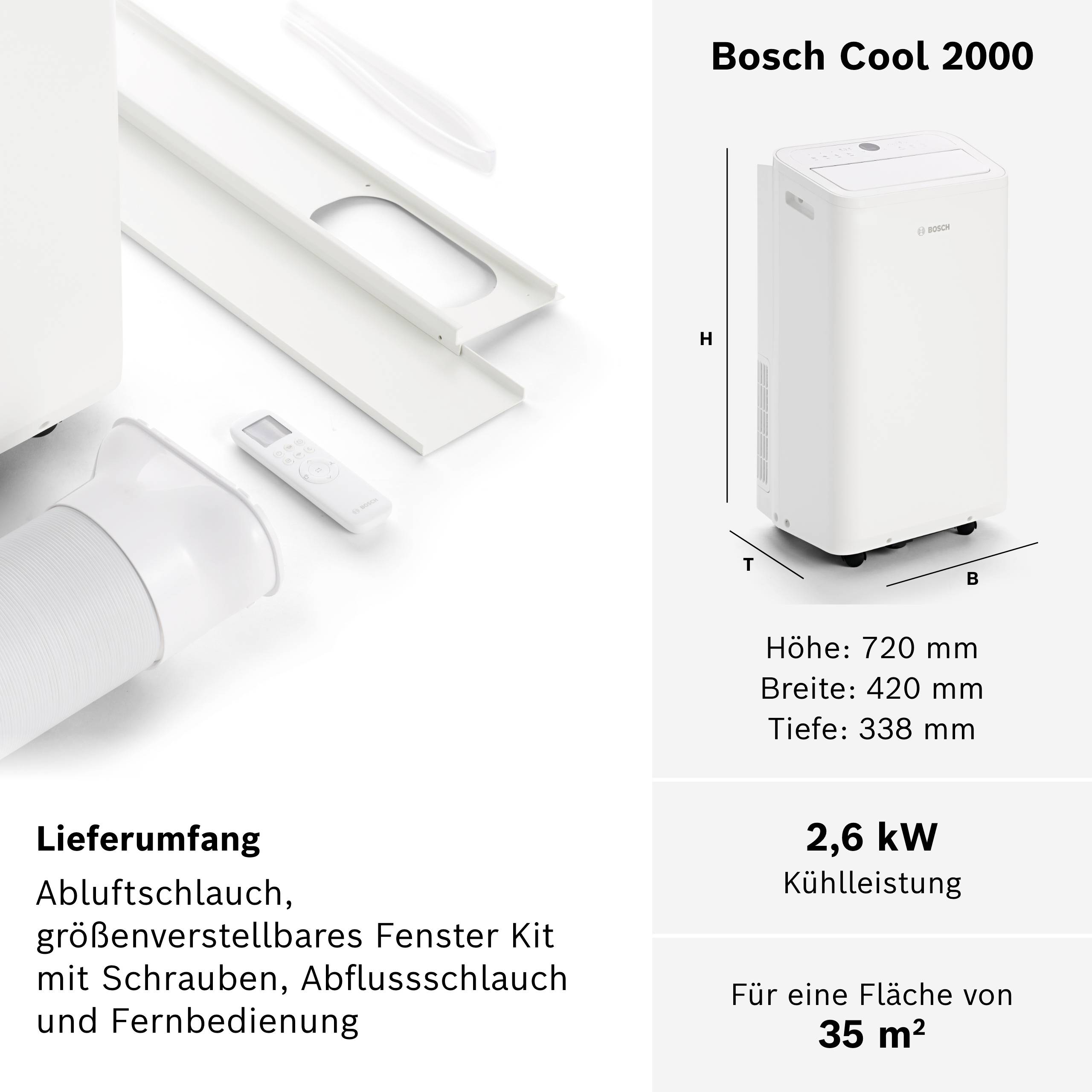 Air conditioning unit 'Bosch Cool 2000', white. Height: 720 mm, Width: 320 mm, Depth: 438 mm. Suitable for areas up to 35 m². 2.6 kW cooling. Accessories: Exhaust hose, window kit, remote control.