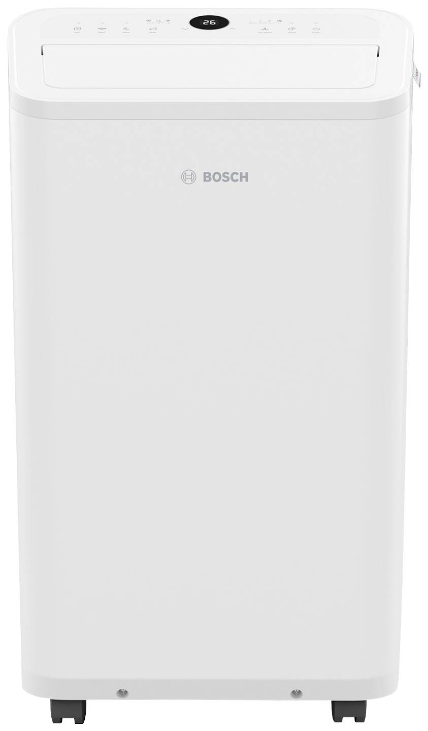 White Bosch air purifier with digital display on top, rectangular shape, mounted on castors, suitable for indoor spaces to improve air quality.