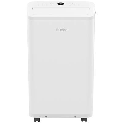 White Bosch air purifier with digital display on top, rectangular shape, mounted on castors, suitable for indoor spaces to improve air quality.