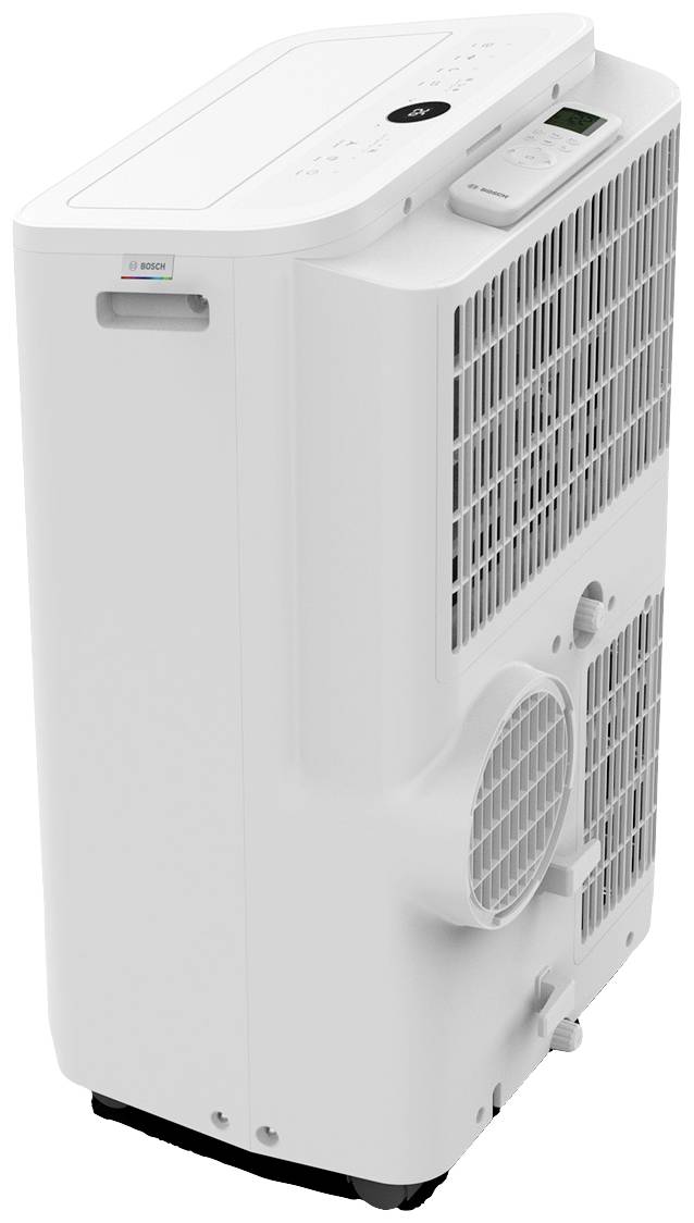 Portable air conditioning unit in white with ventilation slots and control panel on top. Suitable for cooling small to medium-sized rooms.