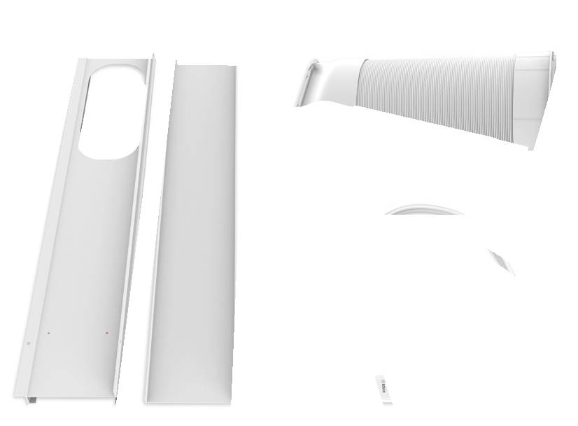 White, rectangular plastic parts lie side by side. One of the parts has an oval opening, the other is smooth. On the right, a ribbed element.