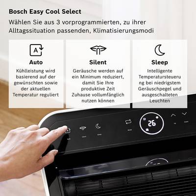 'Bosch Easy Cool Select' Air Conditioning Control Panel operated by hand, showing three modes: Auto, Silent, Sleep with respective description texts.