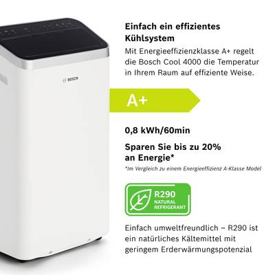 A portable air cooler from Bosch. The text describes energy-efficient cooling, saves 20% energy, and uses the environmentally friendly refrigerant R290.