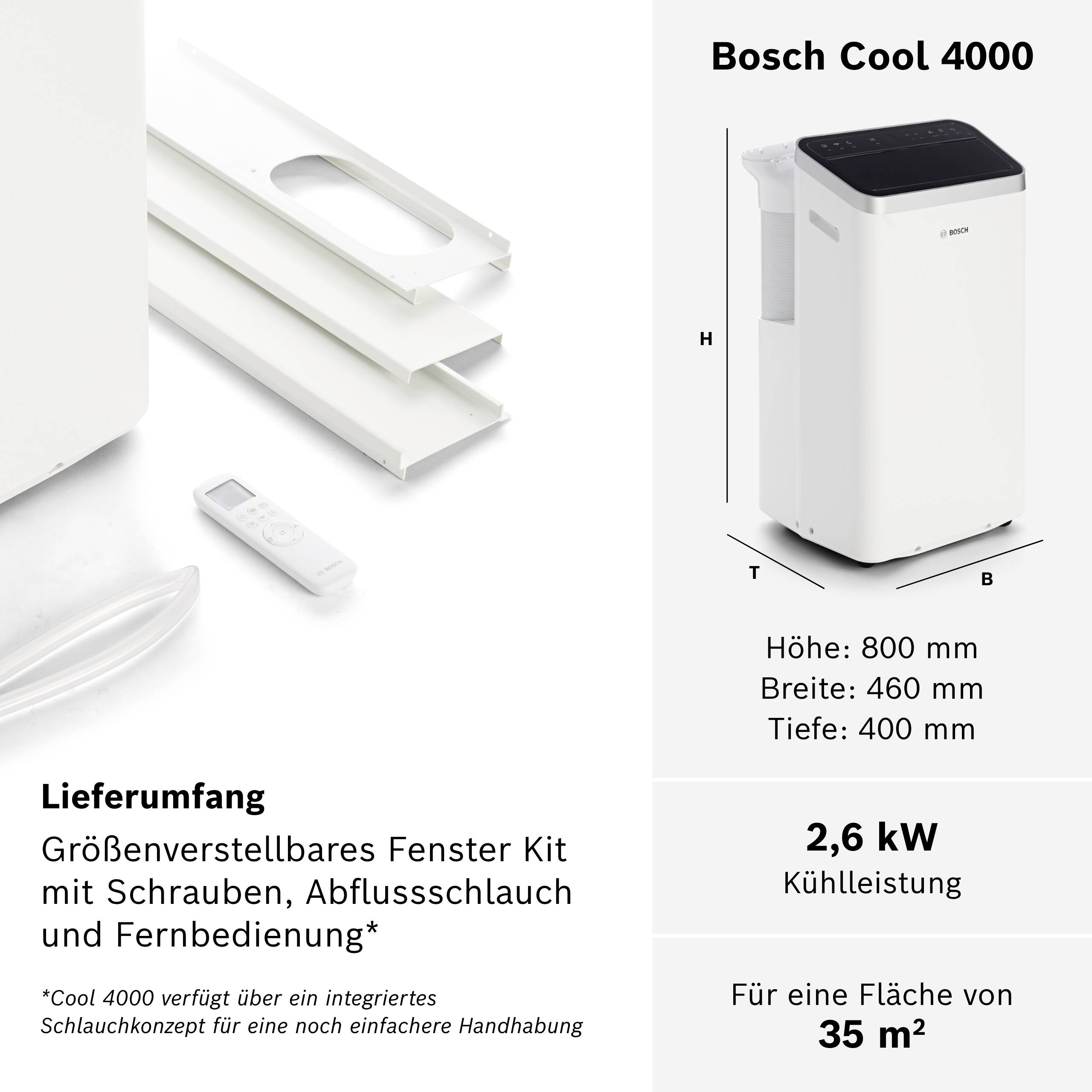 'Bosch Cool 4000' Air Conditioning Unit shown with dimensions (Height: 800 mm, Width: 460 mm, Depth: 400 mm). Suitable for 35 m². 2.6 kW power output. Delivery includes window kit, drainage hose, and remote control.