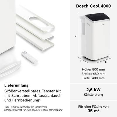 'Bosch Cool 4000' Air Conditioning Unit shown with dimensions (Height: 800 mm, Width: 460 mm, Depth: 400 mm). Suitable for 35 m². 2.6 kW power output. Delivery includes window kit, drainage hose, and remote control.