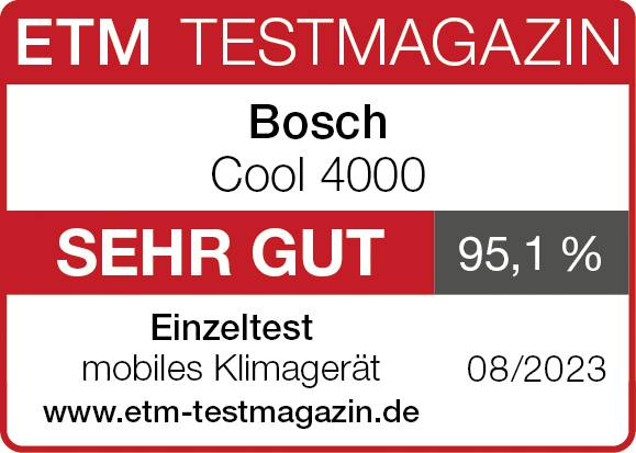 'ETM Test Magazine'; Award for Bosch Cool 4000. Individual Test of Portable Air Conditioning Unit, Rating 'VERY GOOD' with 95.1%, 08/2023.