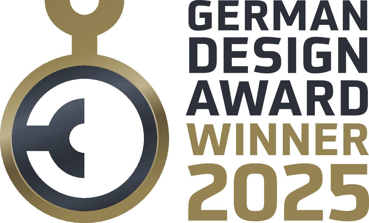 'German Design Award Winner 2025' Logo, displaying a stylised medallion in gold and black, symbolising outstanding design.