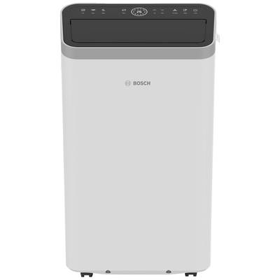A portable air conditioning unit by Bosch with a digital display on top. The device has a rectangular shape and wheels at the bottom.