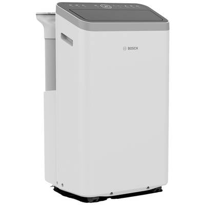 Bosch air conditioning unit, rectangular and white with a grey control panel on top. Suitable for room cooling and improving air quality.