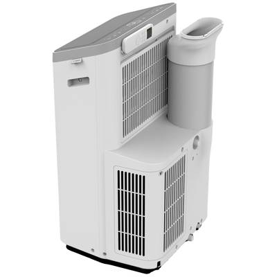 Portable air conditioning unit in white with ventilation slots, control panel on top, and an attached exhaust hose.
