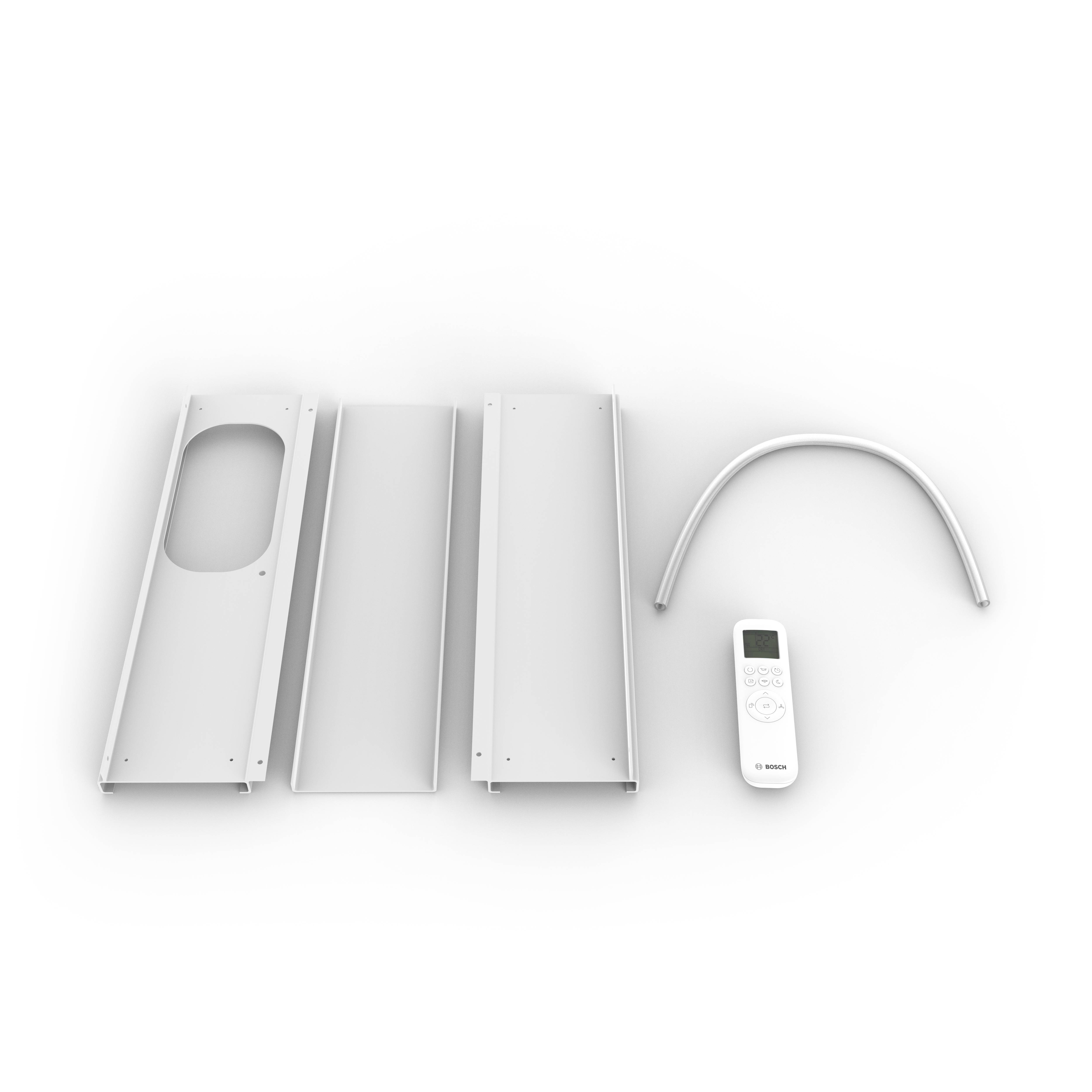 Individual components of an air conditioning mounting bracket and a remote control on a white background.