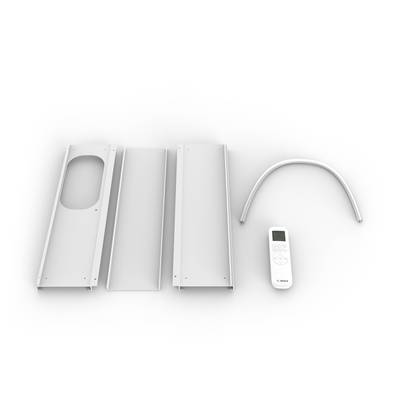 Individual components of an air conditioning mounting bracket and a remote control on a white background.