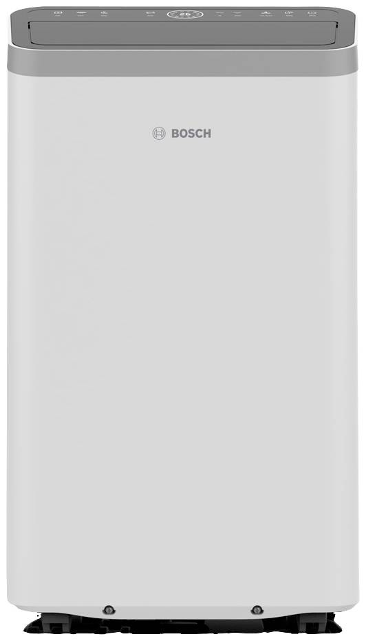 Portable air conditioning unit in a rectangular, white design with a grey control panel on top, 'Bosch' brand logo on the front.