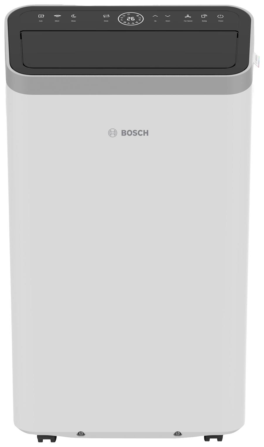 A portable air conditioning unit by Bosch with a black control panel and digital display, suitable for room cooling.