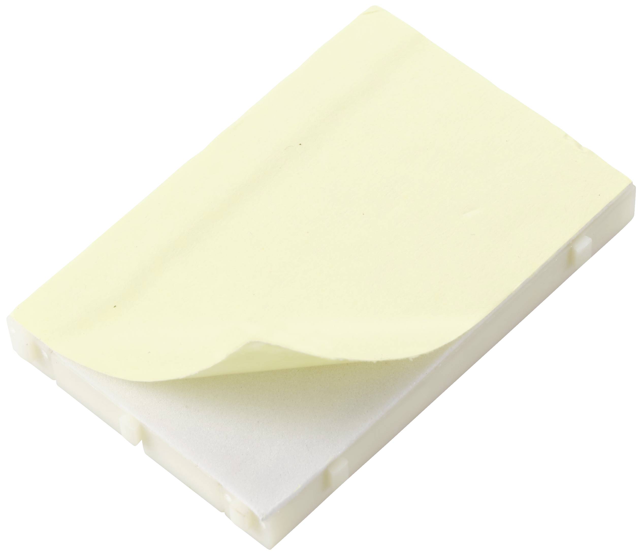 A stack of yellow sticky notes, some slightly curled, on a white surface.