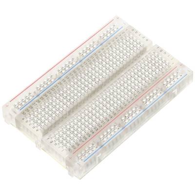 Breadboard for circuit development with vertical and horizontal contact rows, red and blue lines for polarity.