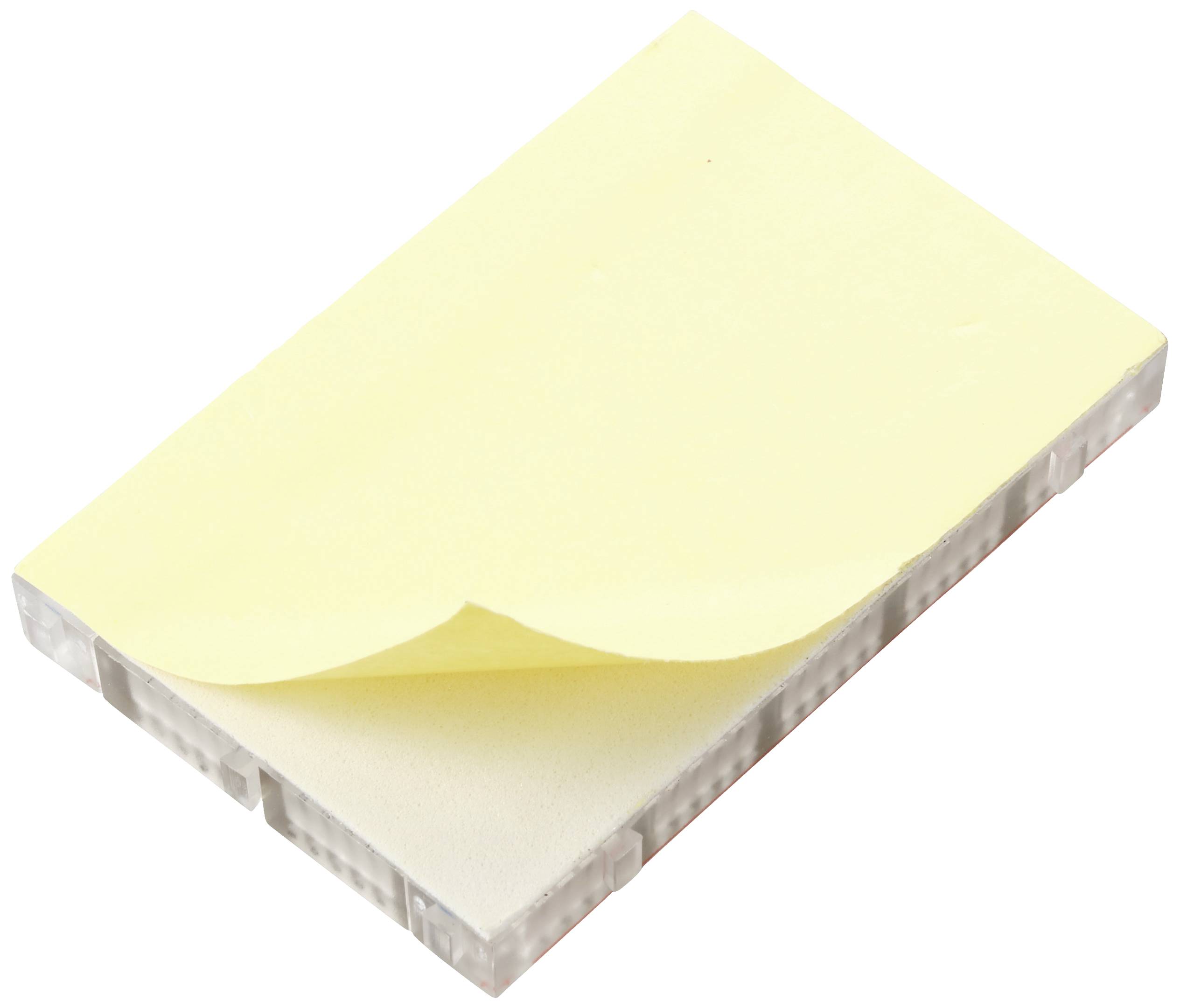 A stack of yellow sticky notes with a slightly raised top edge, ready to be written on or used for noting down information.