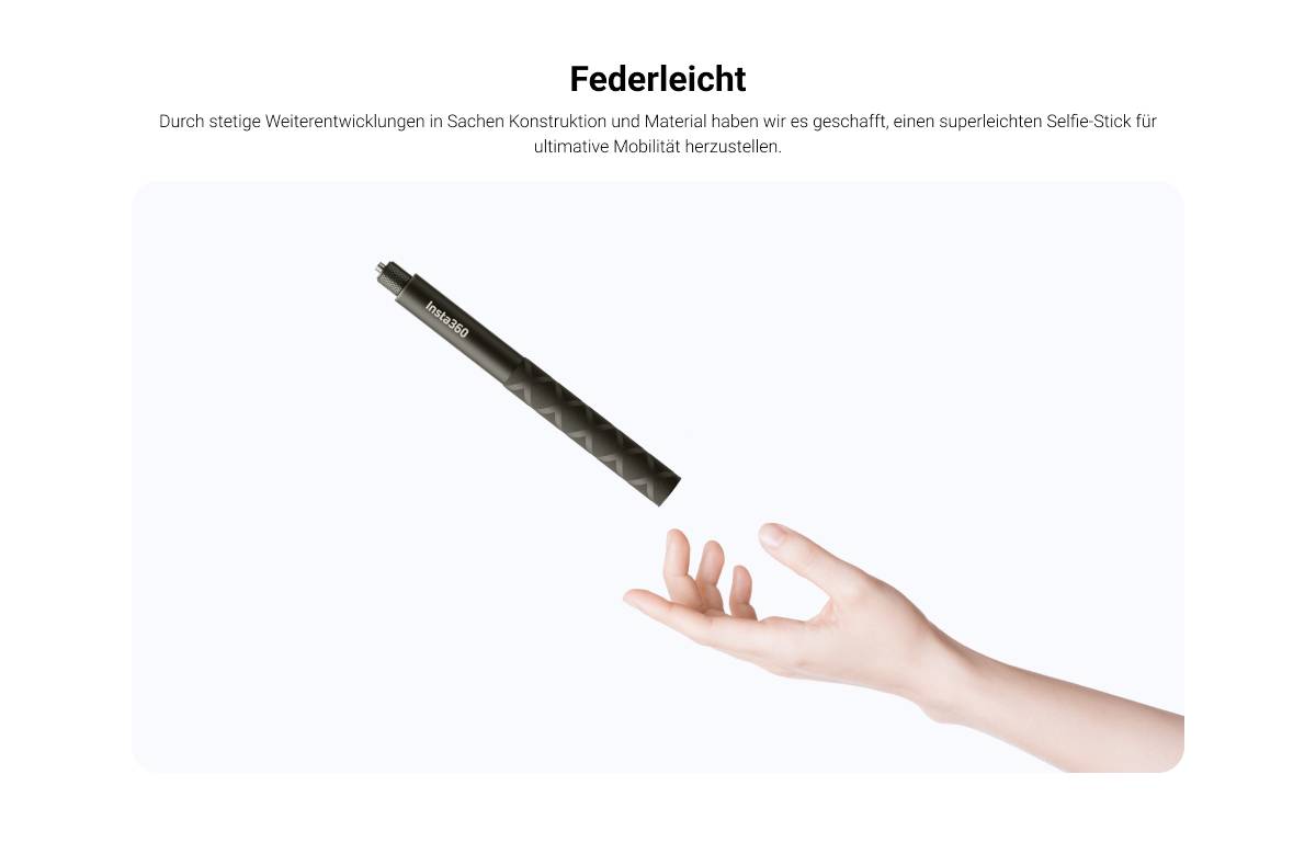 A hand tosses a lightweight selfie stick into the air. The stick symbolises advanced construction and mobility.