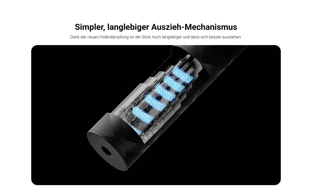 'Simple, durable extraction mechanism.' Close-up of a stick with blue illuminated feathers inside, demonstrating the damping.