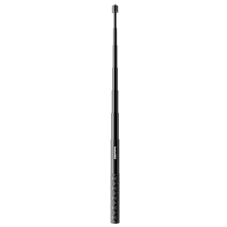 Telescopic selfie stick in black, fully extended, with ribbed grip for improved grip.