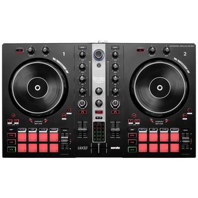 DJ Controller with two jog wheels, central control buttons for sound and tempo, and illuminated pads for music effects.