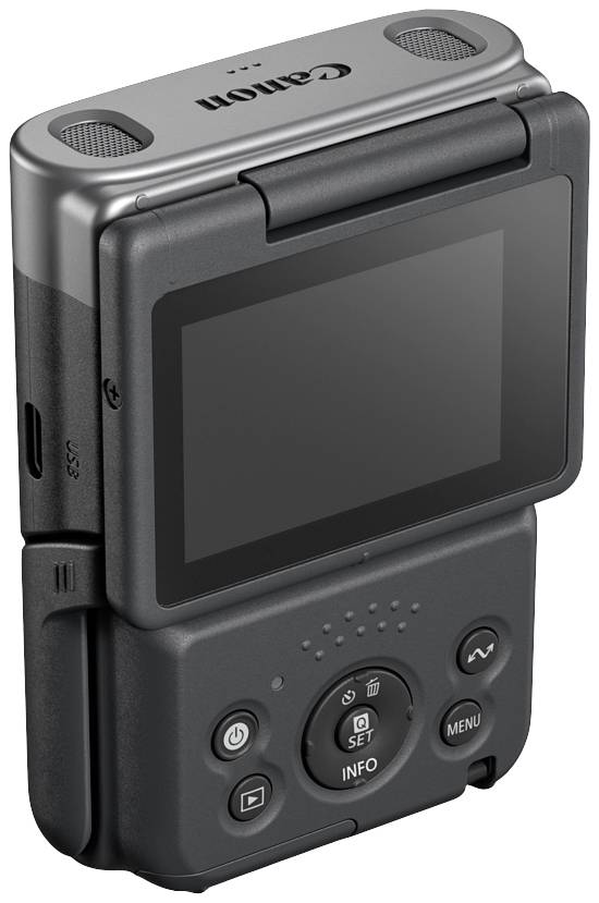 Digital camera with a flip-out screen and control buttons. Screen shows no content. Black, compact design.