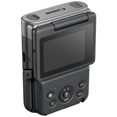 Digital camera with a flip-out screen and control buttons. Screen shows no content. Black, compact design.