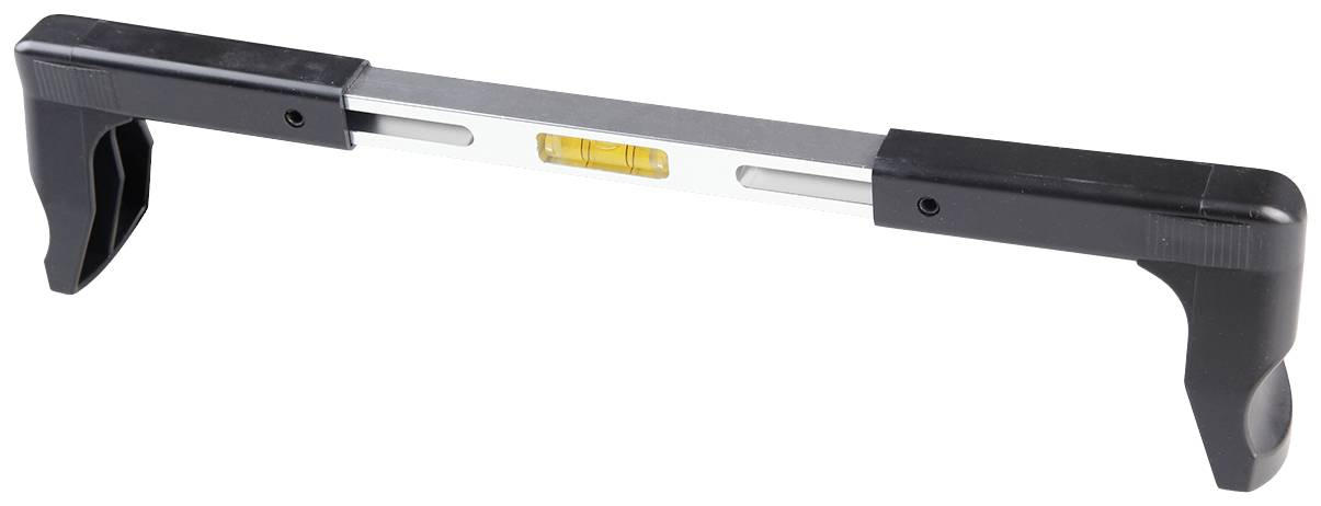 Spirit level with two black handles at the ends and a transparent vial in the centre.