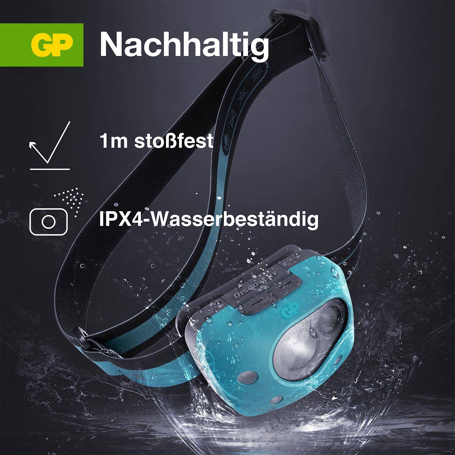 Rechargeable head torch in blue, suitable for outdoor activities. Shock-resistant up to 1 metre, IPX4 water-resistant.