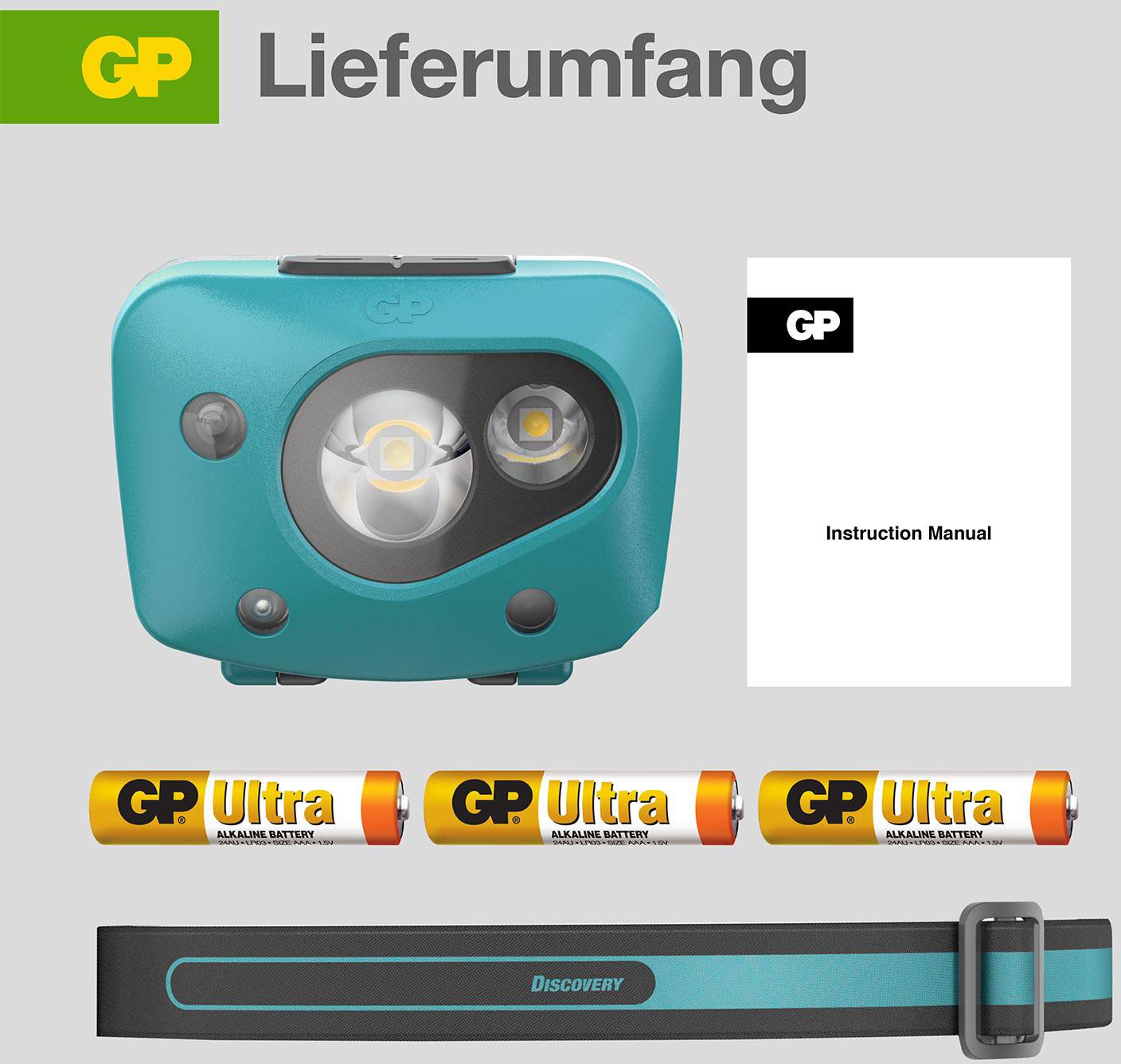 'GP Head Torch' features a blue and white design with indications of 4 light modes: High, Medium, Low, Eco and a brightness up to 300 lumens.