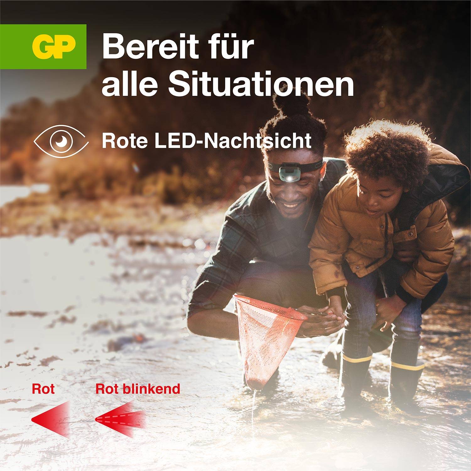 Father and child catching crabs at a body of water. Text: 'Ready for all situations', 'Red LED night vision'.