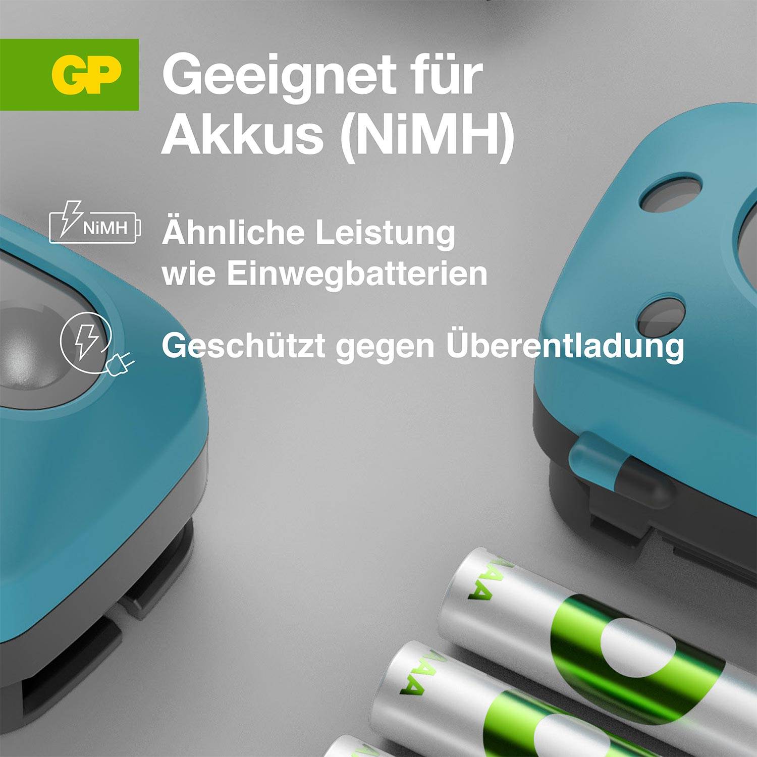 A charger and batteries. Text: 'Suitable for rechargeable batteries (NiMH). Similar performance to disposable batteries. Protected against over-discharge.'