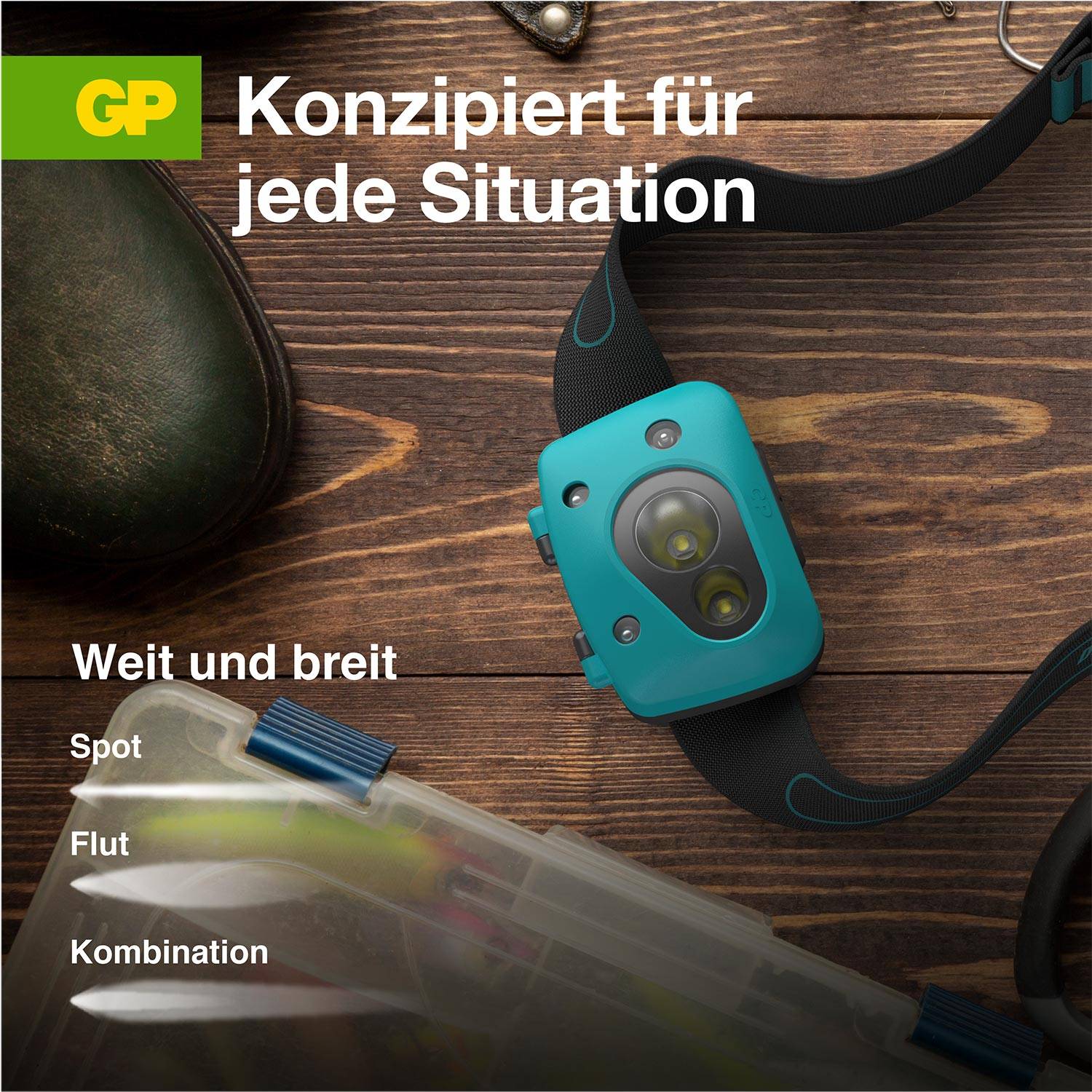 Head lamp with blue accents lies on wooden table. Text above: 'Designed for every situation'. Adaptation text below: 'Far and wide'.