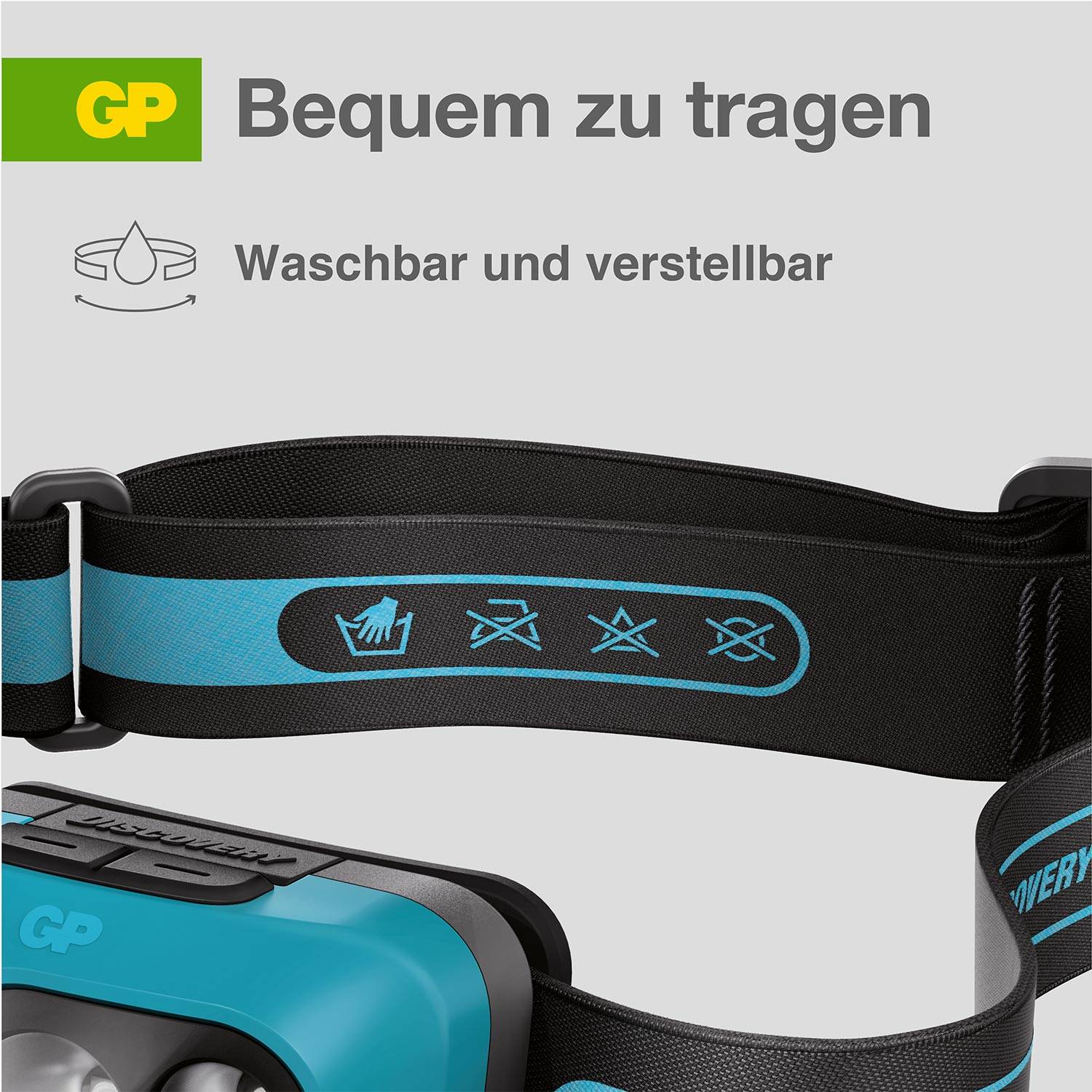 A black belt with blue detailing shows symbols for washability. Above it reads 'Comfortable to wear', and below 'Washable and adjustable'.