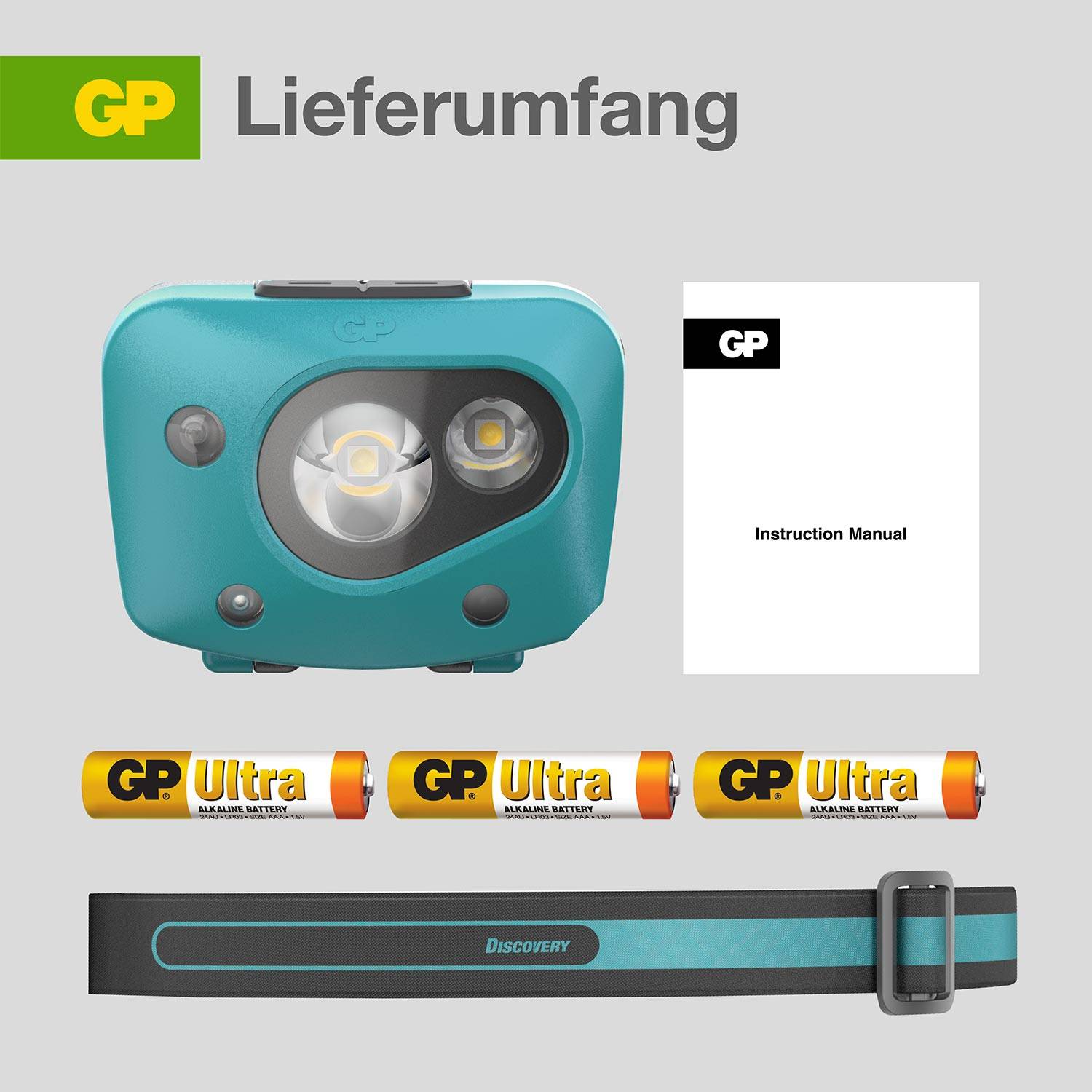 A turquoise head torch with an adjustable strap, four GP Ultra batteries, and an instruction manual included in the package.