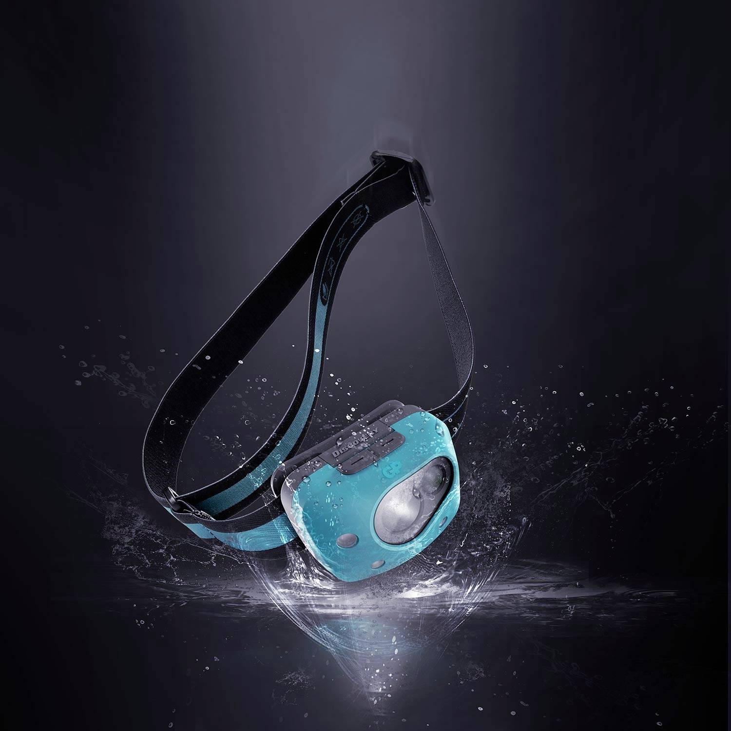 Black and blue head torch that looks waterproof, on a black background with water splashes.