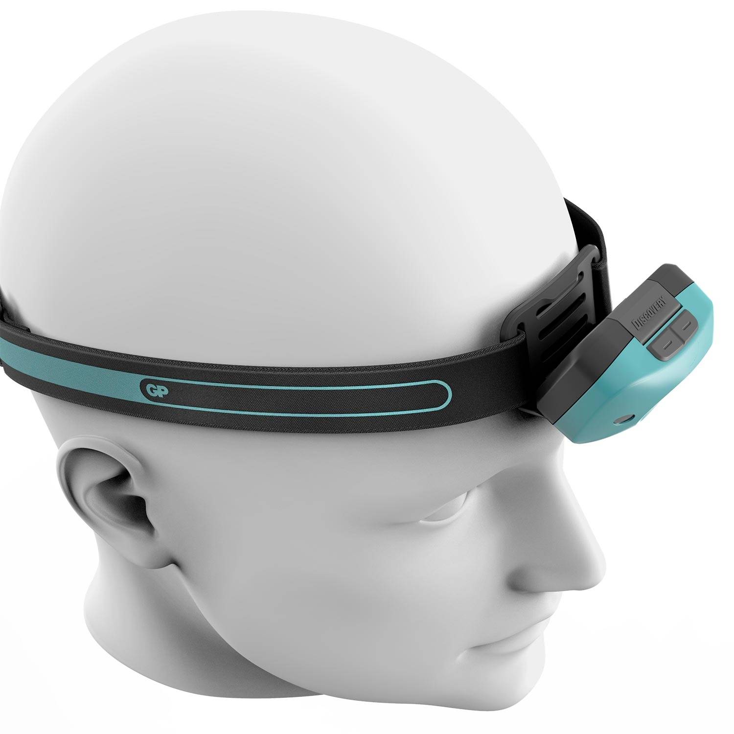 A 3D model of a human head is wearing a turquoise head torch with a black strap. The torch is attached on the right side.
