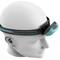 A 3D model of a human head is wearing a turquoise head torch with a black strap. The torch is attached on the right side.