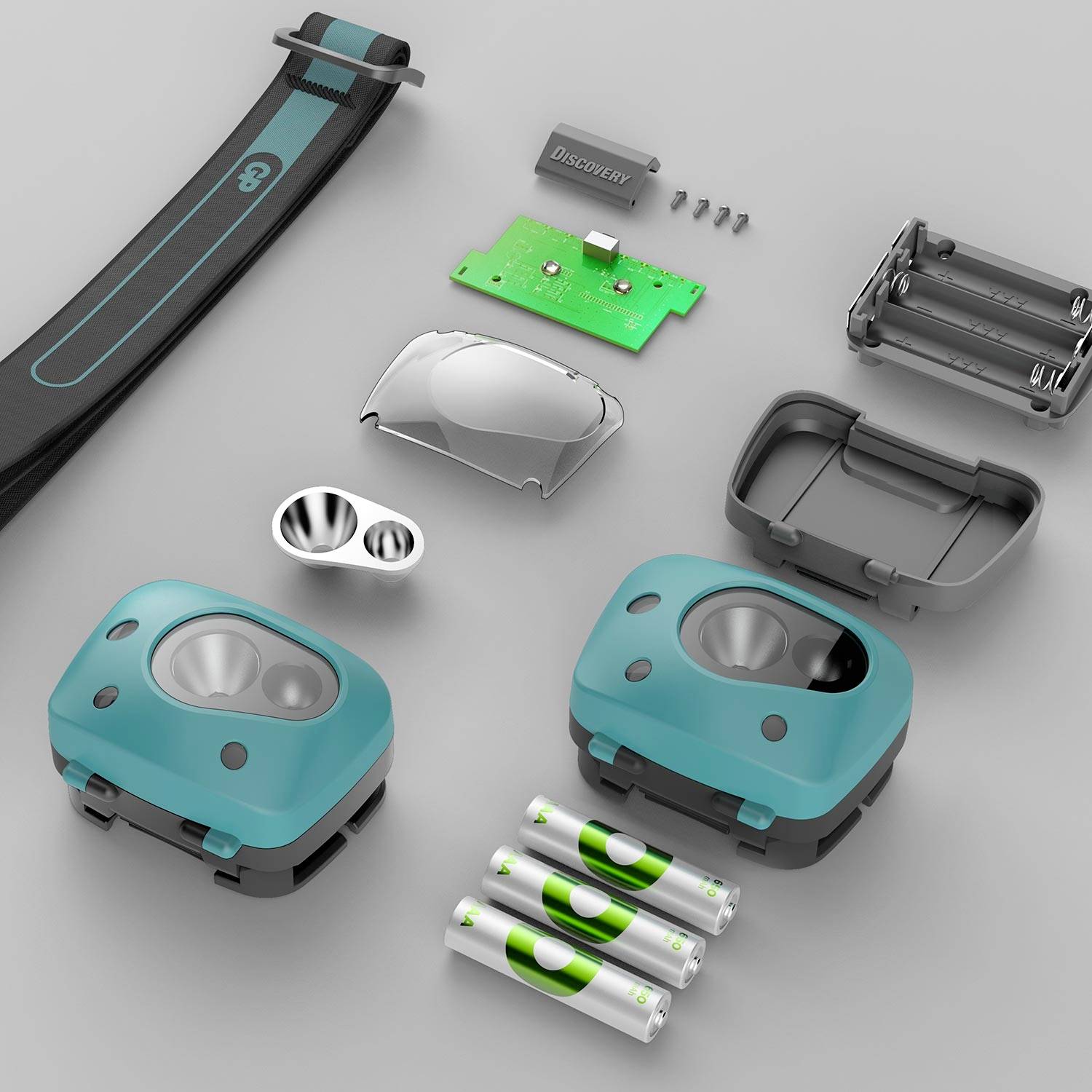 Several disassembled parts of an electronic device, including batteries, housing components and a green circuit board on a grey background.