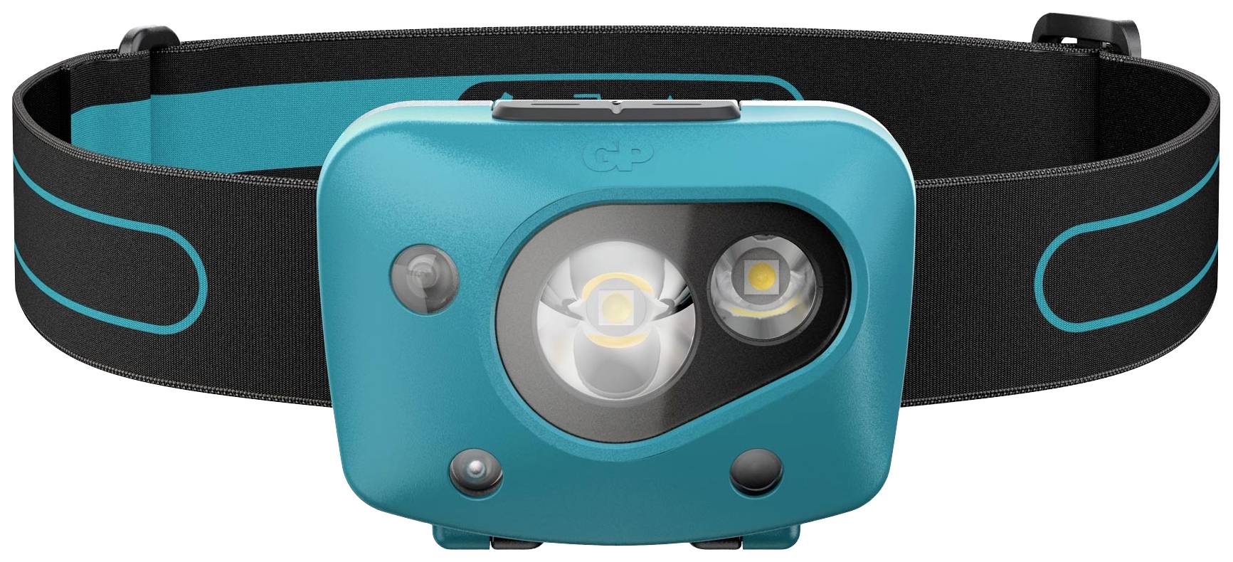 A blue head torch with an elastic black strap and two visible LED lights.